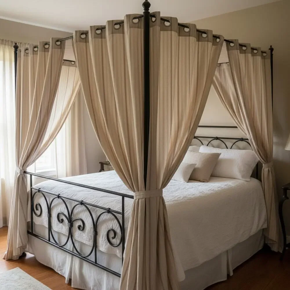 Vintage Cream Taupe Stripe Curtain Panels Set 2-Grommet Drapes-Neutral-Window